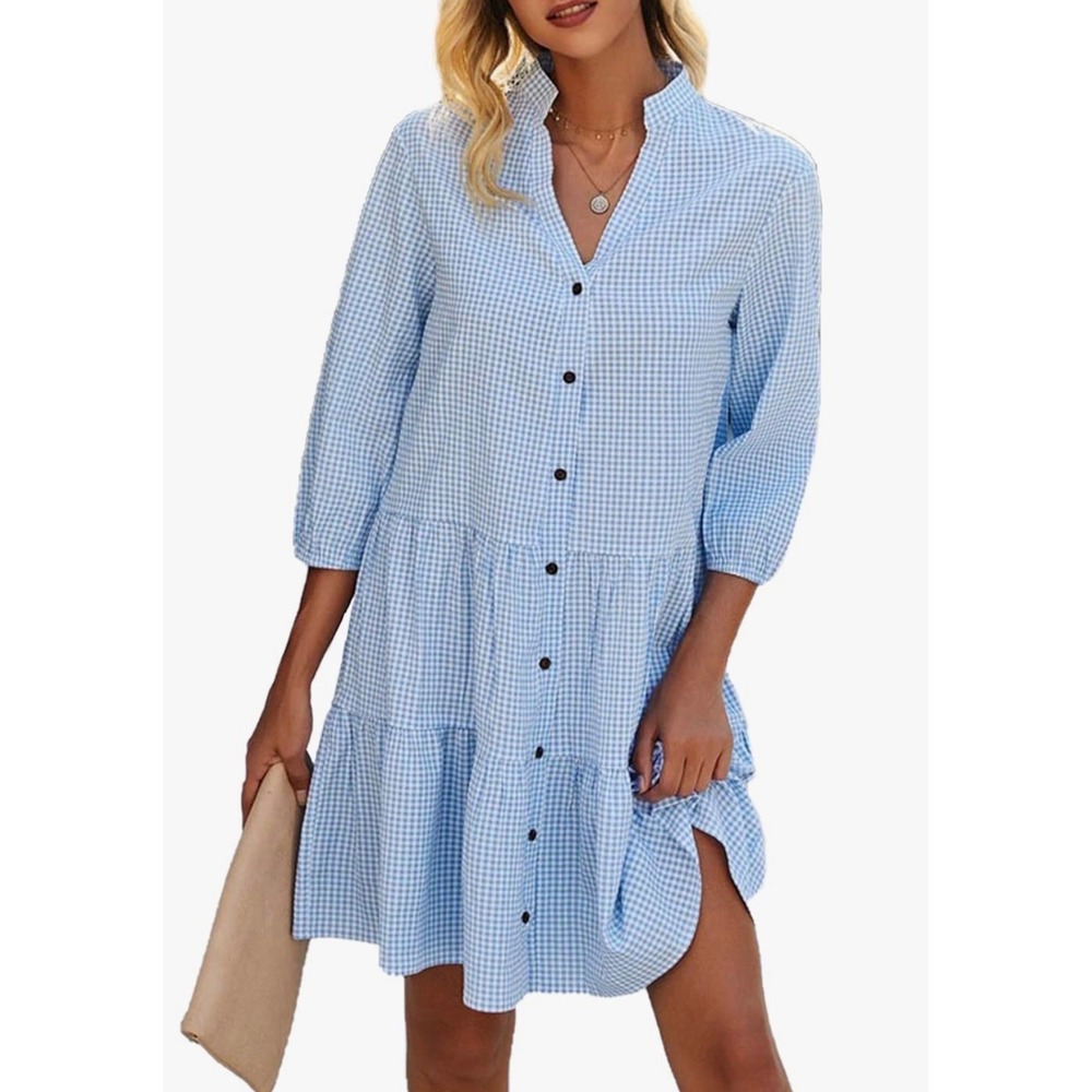 Beachsissi Dress Women Size M Blue Gingham Tiered Button Front Casual Boho